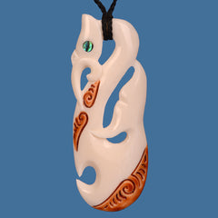 Bone Manaia with Whale Tail Pendant with Stain on Black Adjustable Cord.