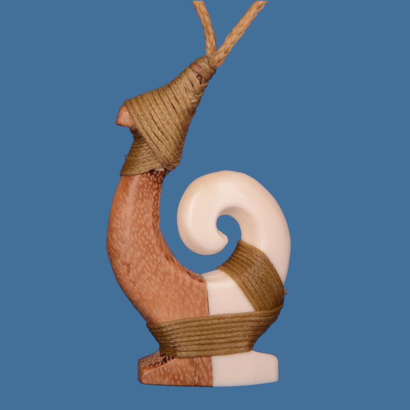 FBC087 Bone and Wood Hook with Koru Pendant 
