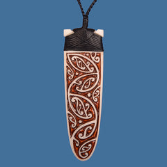Intricately Carved Bone Bound Toki Pendant with brown stain - BT014
