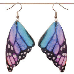 Butterfly wing earrings with blue, purple, and pink colors on a white background