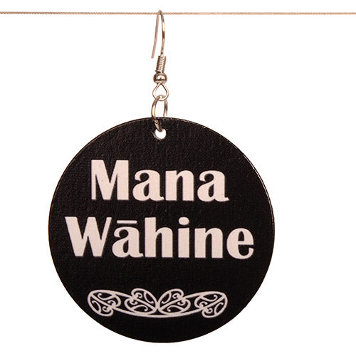 Black round earrings with 'Mana Wáhine' text on a white background