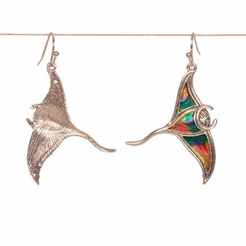 Colorful rainbow Manta Ray earrings on a white background