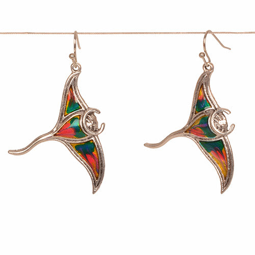 Colorful rainbow Manta Ray earrings on a white background