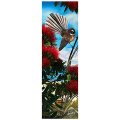 Painting of a bird perched on a branch with red flowers and a blue sky.