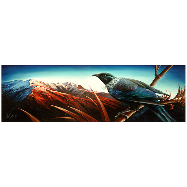 Painting of a bird perched on a branch with a mountainous landscape in the background