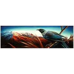 Painting of a bird perched on a branch with a mountainous landscape in the background