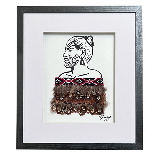 Framed artwork of a warrior with traditional Maori tattooing and feathered garment.