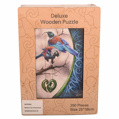 Deluxe wooden puzzle packaging with birds on a branch design