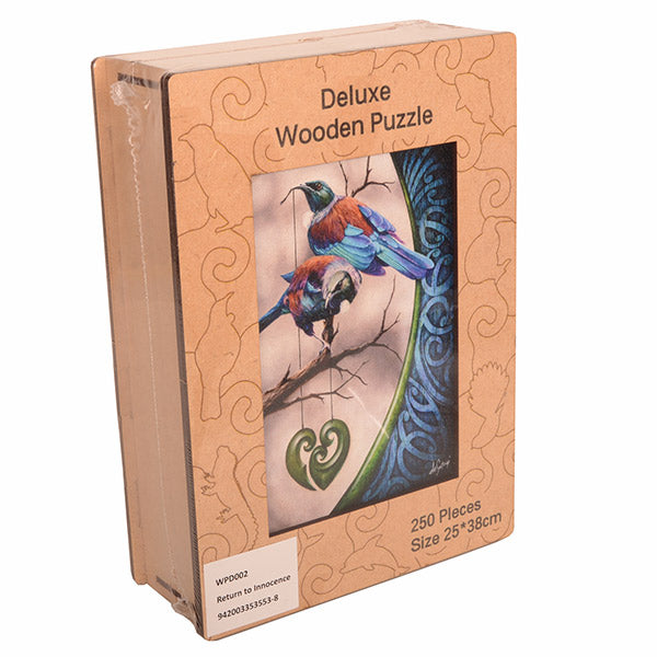 Deluxe wooden puzzle packaging with birds on a branch design