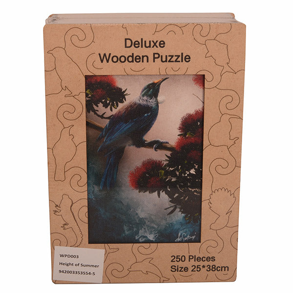 Box of a deluxe wooden puzzle with a bird illustration on a white background