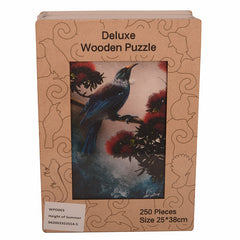Box of a deluxe wooden puzzle with a bird illustration on a white background