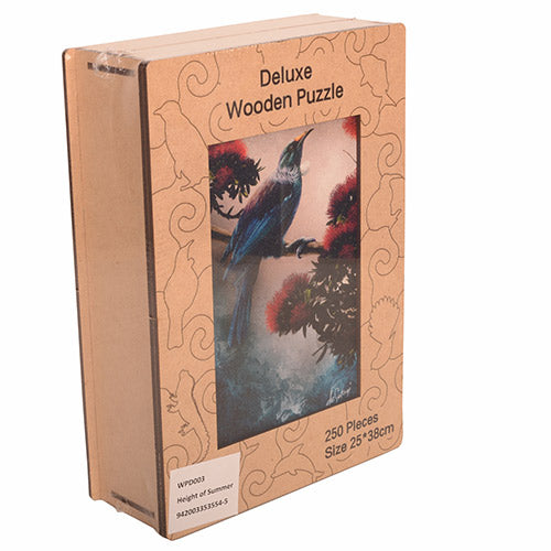 Box of a deluxe wooden puzzle with a bird illustration on a white background