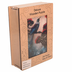 Box of a deluxe wooden puzzle with a bird illustration on a white background