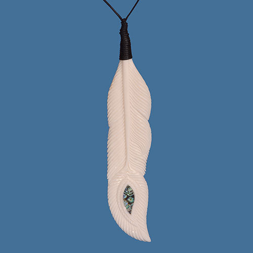 Bone feather pendant with Paua. BP016.