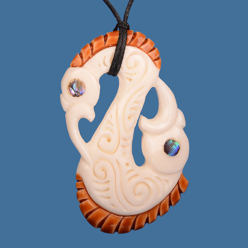 Bone Double Manaia Stained Pendant on Black Adjustable Cord