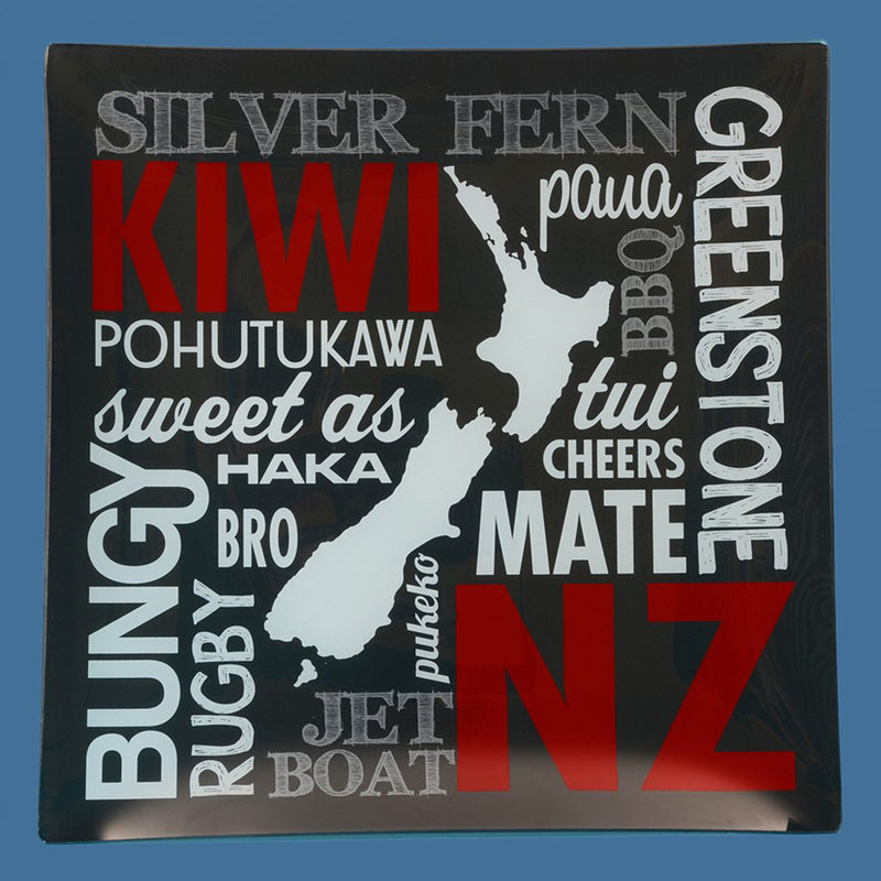 KAM059 -Glass Kiwiana Words  Plate with NZ Map