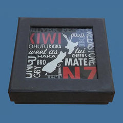 KAM060 - Glass Kiwiana Words  Coasters with NZ Map