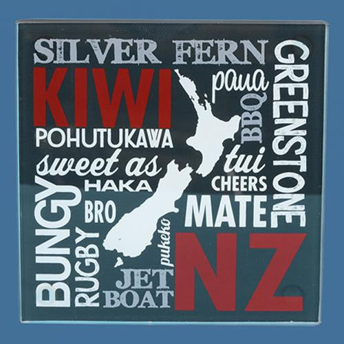 KAM060 - Glass Kiwiana Words  Coasters with NZ Map